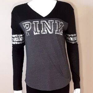 VS PINK Grey/Black/Sliver Sequin Long Sleeve V Neck Tee XS Bling